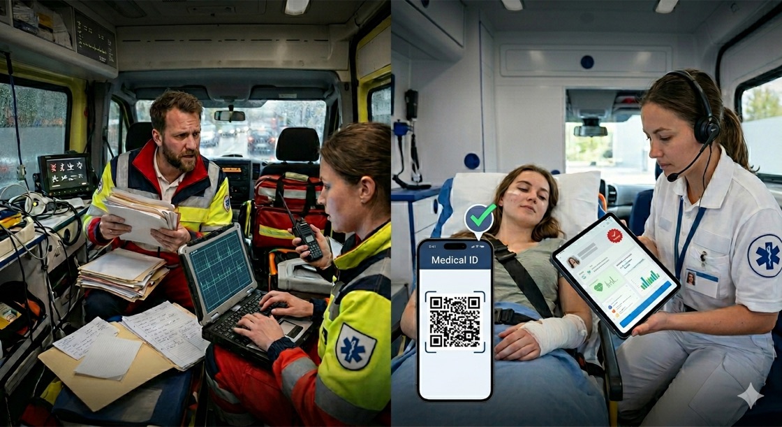 Before: paper chaos in ambulance — After: NoBorders QR digital record